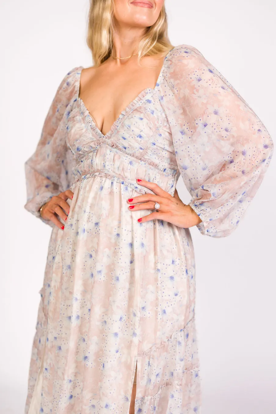 Hot Worth Collective Daphne Long Sleeve Maxi Dress in Beige/Blue Floral - Bump Friendly & I
