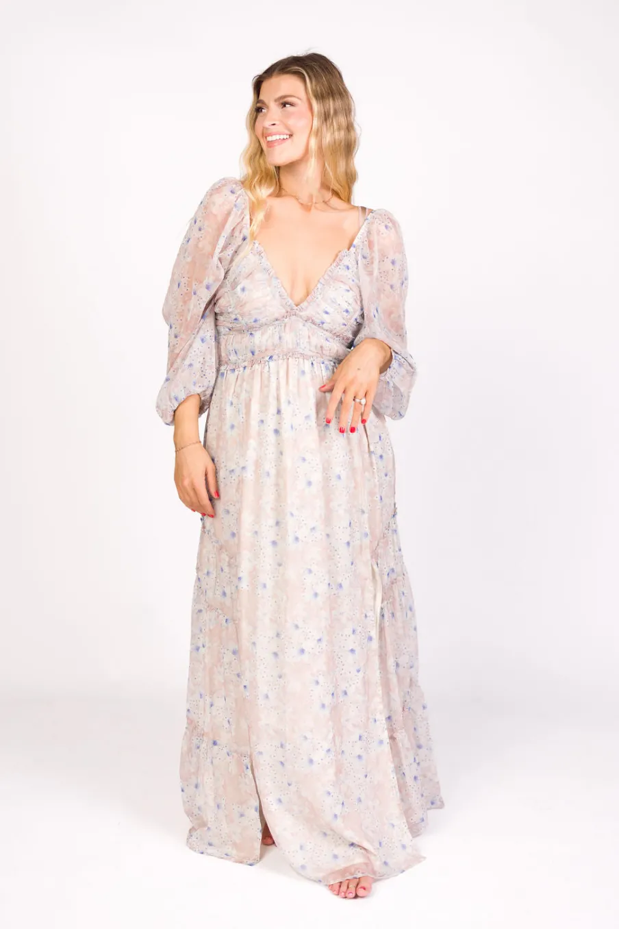 Hot Worth Collective Daphne Long Sleeve Maxi Dress in Beige/Blue Floral - Bump Friendly & I