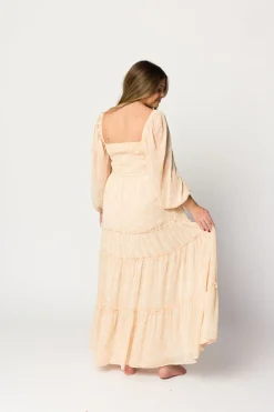 Outlet Worth Collective Daphne Long Sleeve Maxi Dress in Light Beige/White Floral - Bump Frien