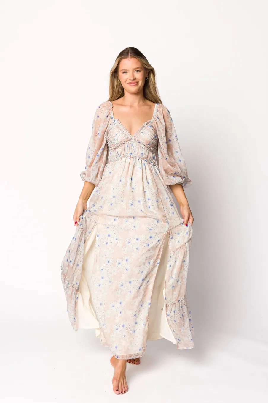 Hot Worth Collective Daphne Long Sleeve Maxi Dress in Beige/Blue Floral - Bump Friendly & I
