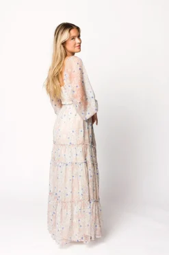 Hot Worth Collective Daphne Long Sleeve Maxi Dress in Beige/Blue Floral - Bump Friendly & I