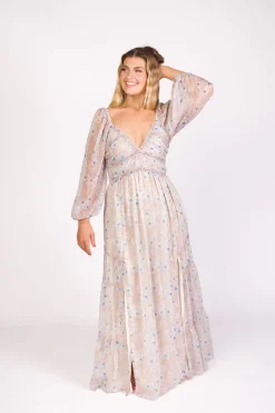 Hot Worth Collective Daphne Long Sleeve Maxi Dress in Beige/Blue Floral - Bump Friendly & I