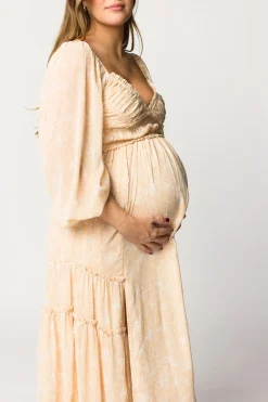 Outlet Worth Collective Daphne Long Sleeve Maxi Dress in Light Beige/White Floral - Bump Frien