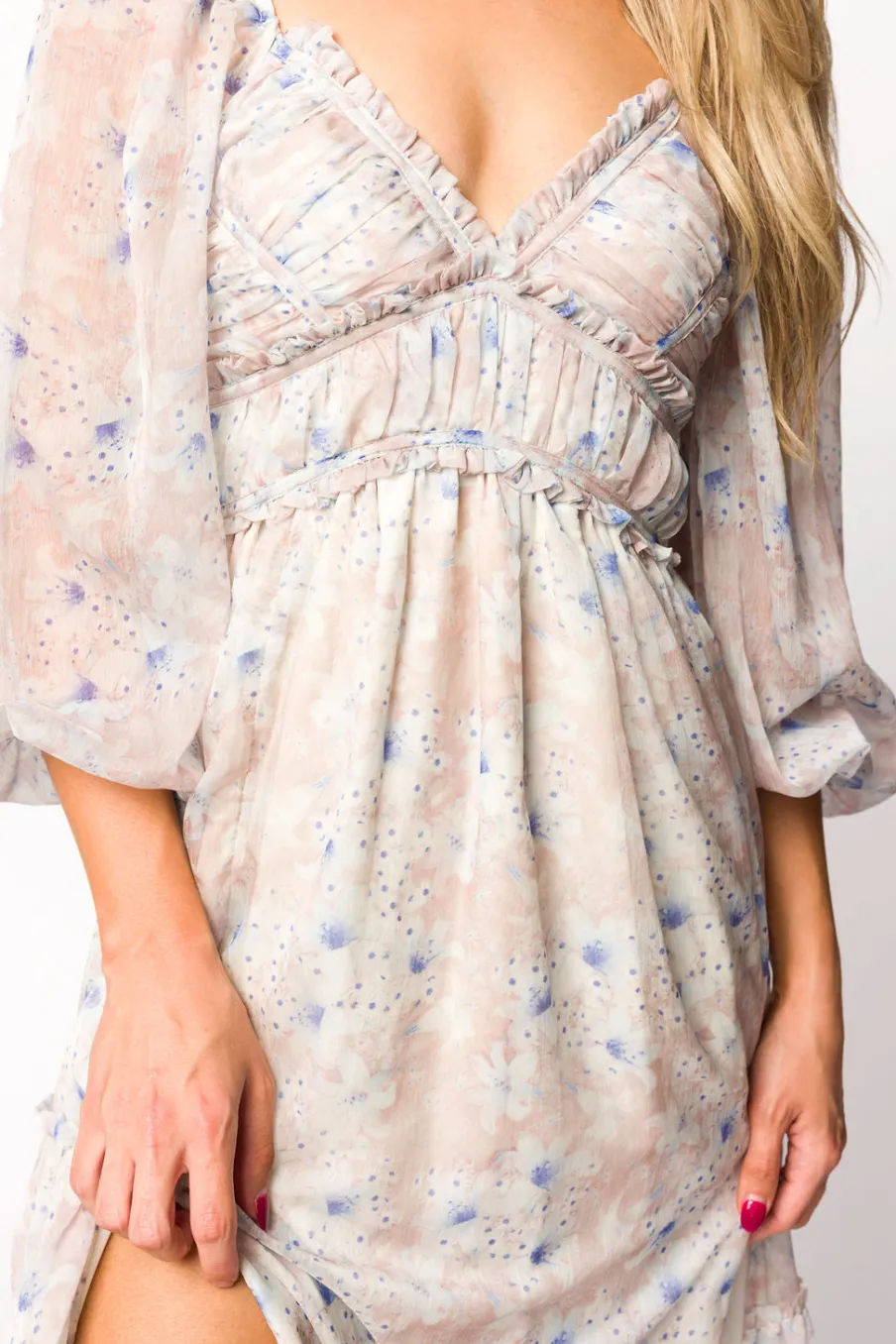 Hot Worth Collective Daphne Long Sleeve Maxi Dress in Beige/Blue Floral - Bump Friendly & I
