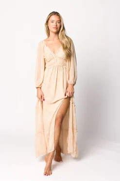Outlet Worth Collective Daphne Long Sleeve Maxi Dress in Light Beige/White Floral - Bump Frien