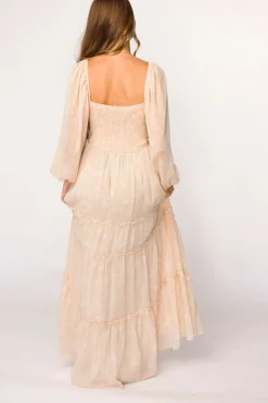 Outlet Worth Collective Daphne Long Sleeve Maxi Dress in Light Beige/White Floral - Bump Frien