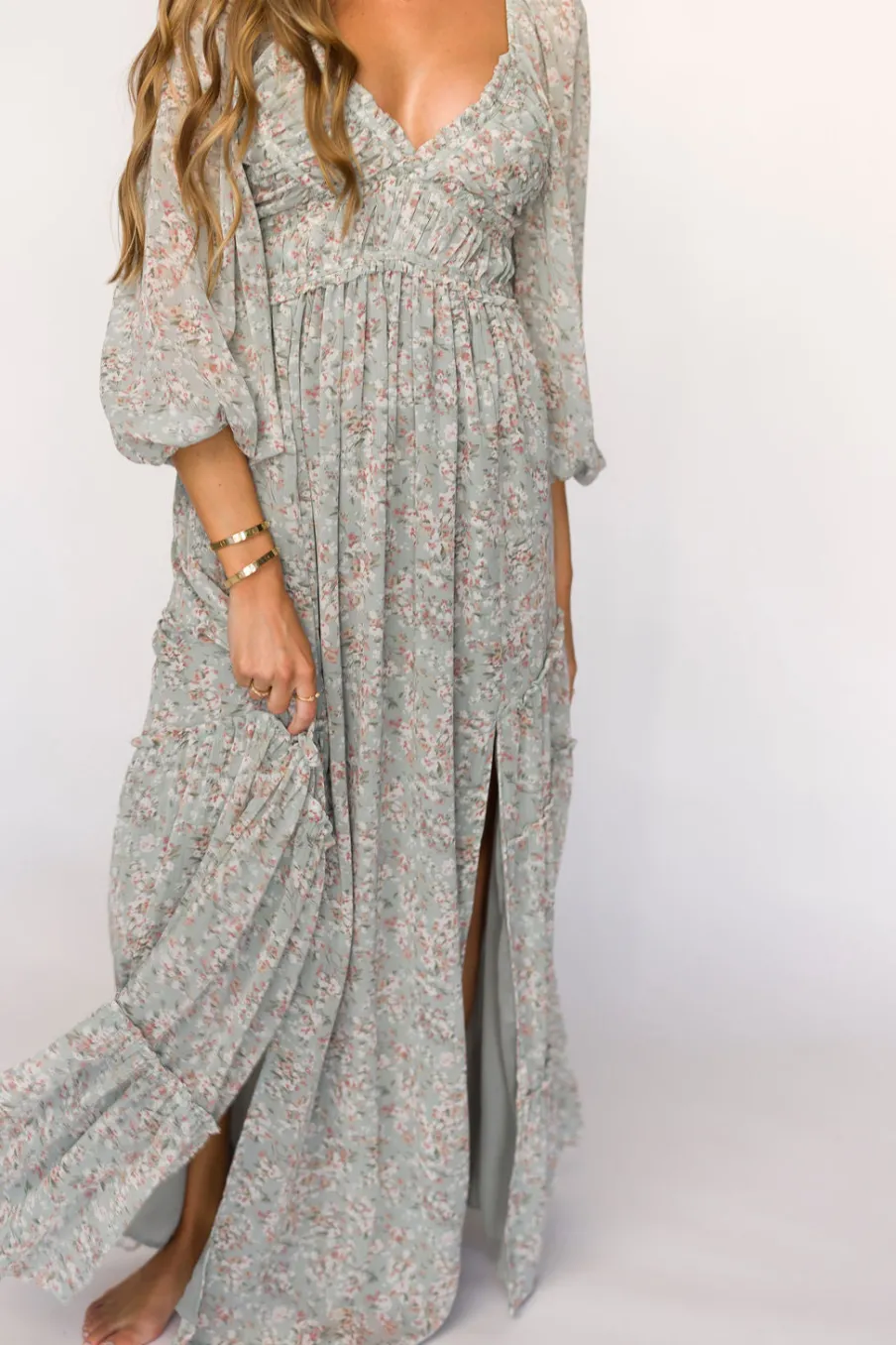 Online Worth Collective Daphne Long Sleeve Maxi Dress in Sage/Pink/Ivory Floral - Bump Friendl