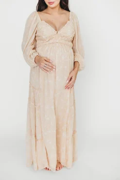 Outlet Worth Collective Daphne Long Sleeve Maxi Dress in Light Beige/White Floral - Bump Frien
