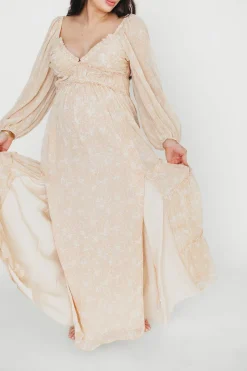 Outlet Worth Collective Daphne Long Sleeve Maxi Dress in Light Beige/White Floral - Bump Frien