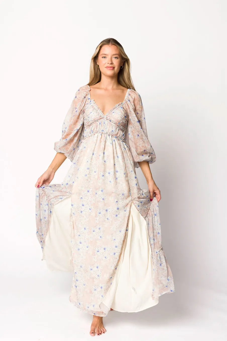 Hot Worth Collective Daphne Long Sleeve Maxi Dress in Beige/Blue Floral - Bump Friendly & I