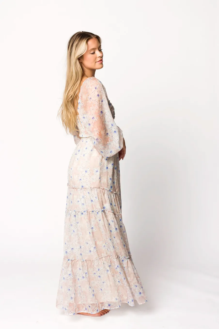 Hot Worth Collective Daphne Long Sleeve Maxi Dress in Beige/Blue Floral - Bump Friendly & I