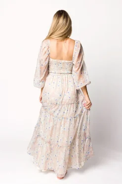 Hot Worth Collective Daphne Long Sleeve Maxi Dress in Beige/Blue Floral - Bump Friendly & I