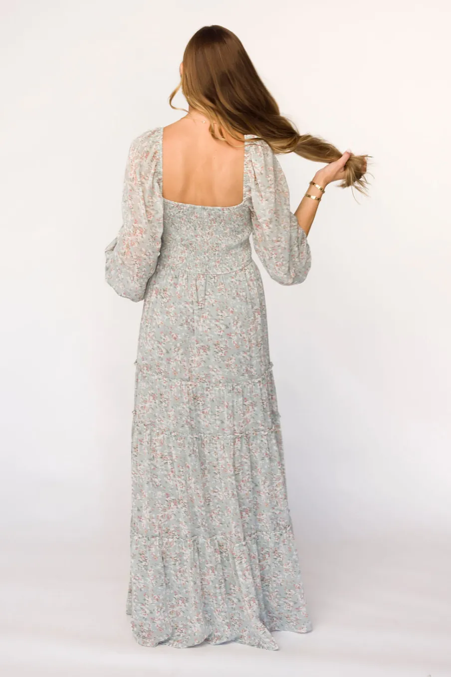 Online Worth Collective Daphne Long Sleeve Maxi Dress in Sage/Pink/Ivory Floral - Bump Friendl