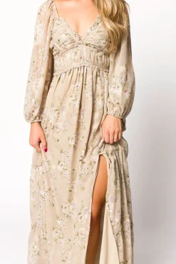 New Worth Collective Daphne Long Sleeve Maxi Dress in Beige Multi Floral - Bump Friendly &