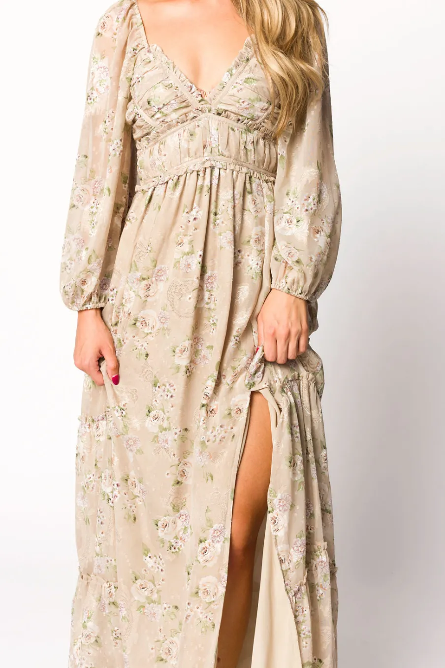 New Worth Collective Daphne Long Sleeve Maxi Dress in Beige Multi Floral - Bump Friendly &