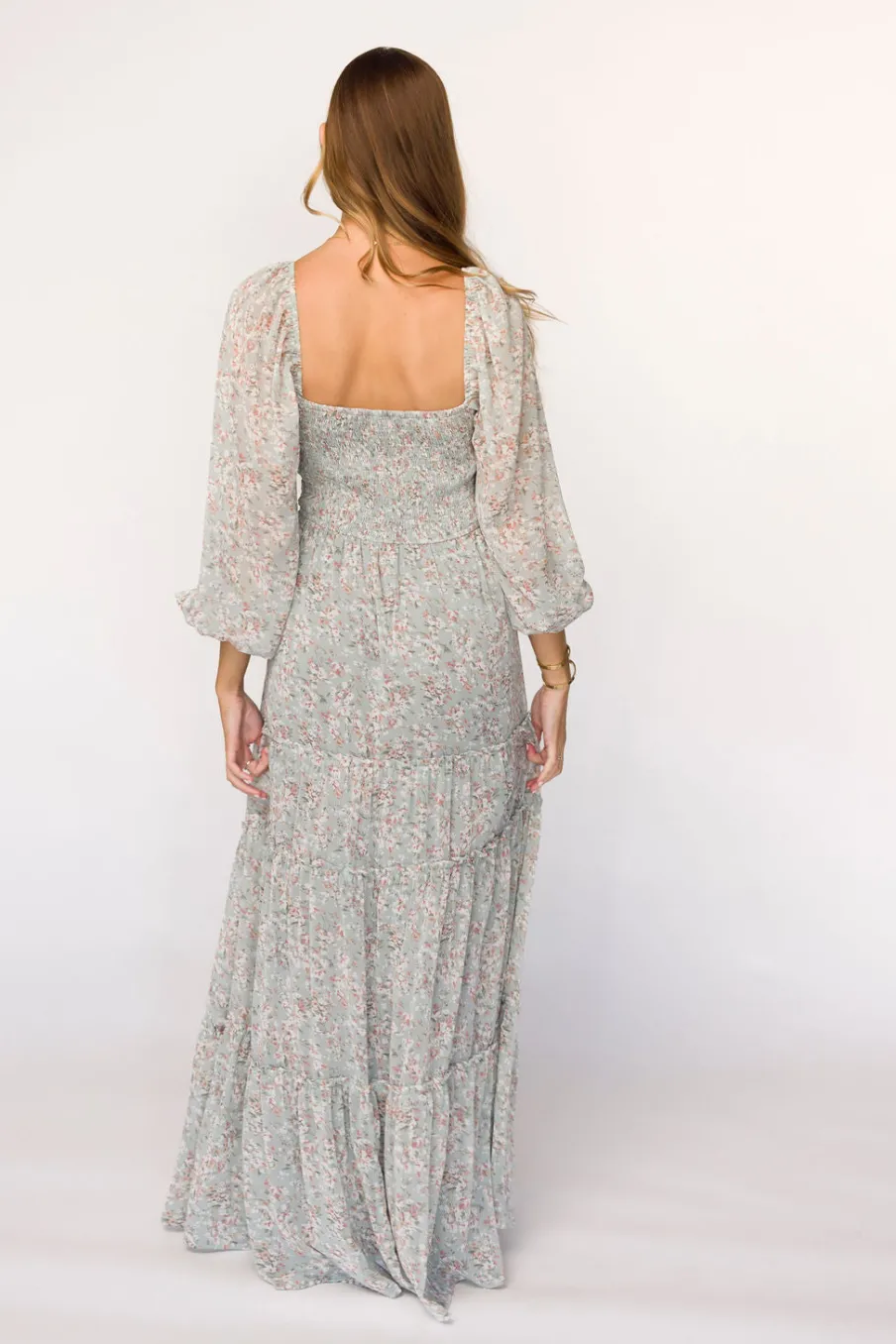 Online Worth Collective Daphne Long Sleeve Maxi Dress in Sage/Pink/Ivory Floral - Bump Friendl