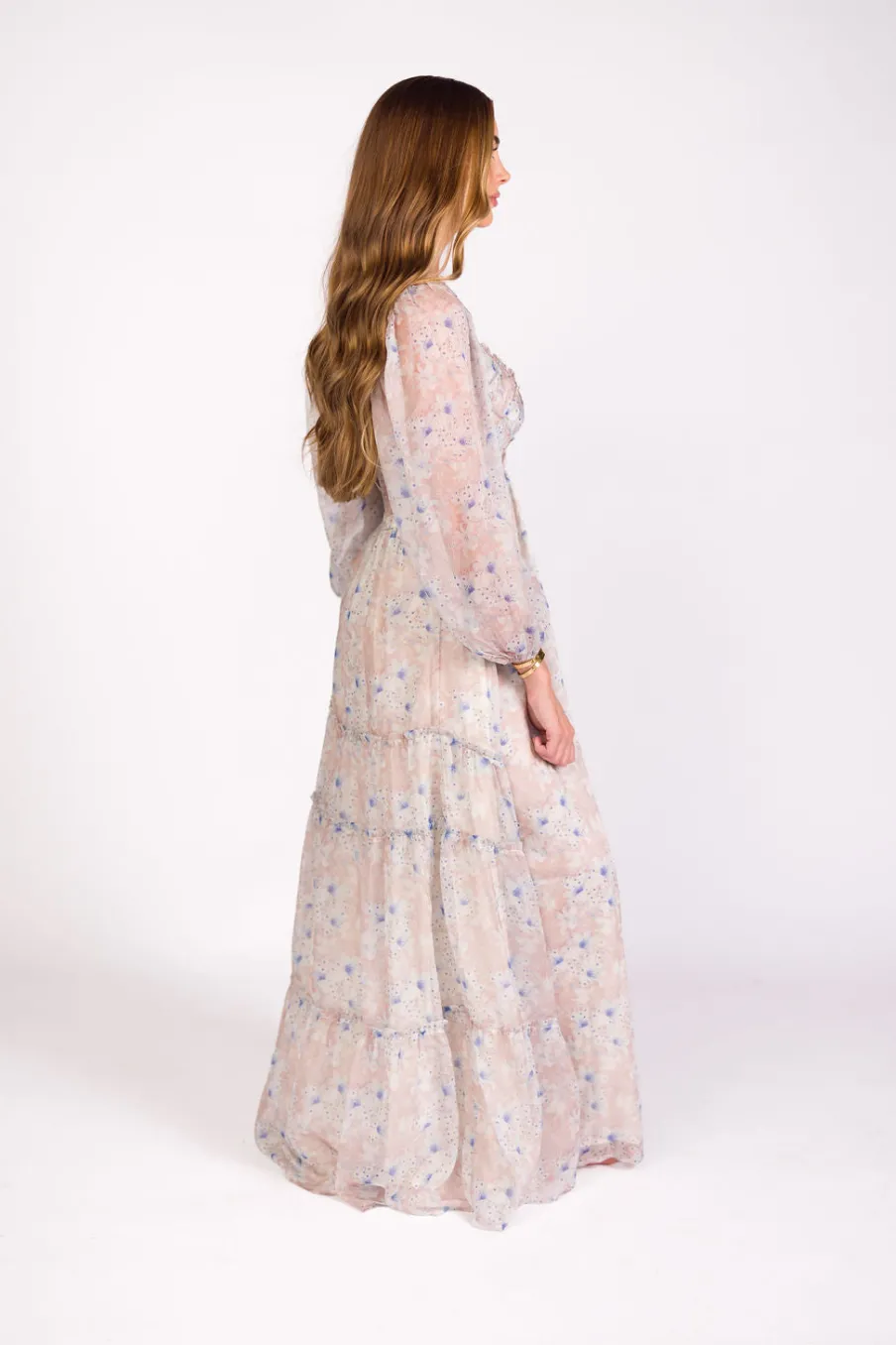 Hot Worth Collective Daphne Long Sleeve Maxi Dress in Beige/Blue Floral - Bump Friendly & I