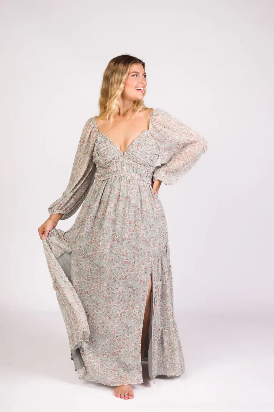 Online Worth Collective Daphne Long Sleeve Maxi Dress in Sage/Pink/Ivory Floral - Bump Friendl