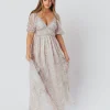 Hot Worth Collective Daphne Maxi Dress in Beige Blue Floral - Bump Friendly & Inclusive Siz