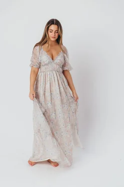 Hot Worth Collective Daphne Maxi Dress in Beige Blue Floral - Bump Friendly & Inclusive Siz