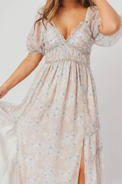 Hot Worth Collective Daphne Maxi Dress in Beige Blue Floral - Bump Friendly & Inclusive Siz