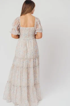 Hot Worth Collective Daphne Maxi Dress in Beige Blue Floral - Bump Friendly & Inclusive Siz