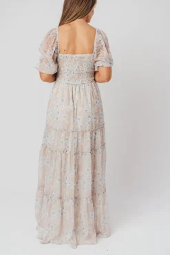 Hot Worth Collective Daphne Maxi Dress in Beige Blue Floral - Bump Friendly & Inclusive Siz