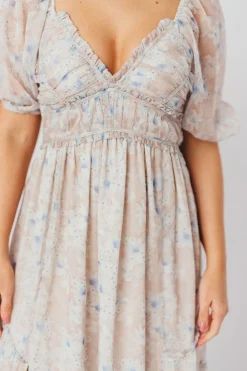 Hot Worth Collective Daphne Maxi Dress in Beige Blue Floral - Bump Friendly & Inclusive Siz