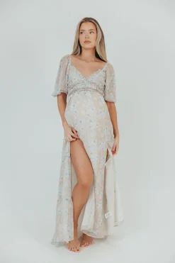 Hot Worth Collective Daphne Maxi Dress in Beige Blue Floral - Bump Friendly & Inclusive Siz