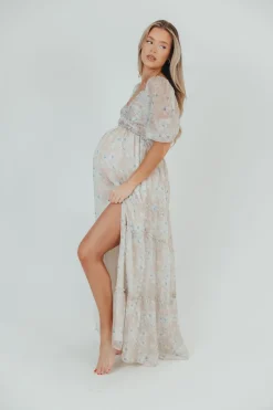 Hot Worth Collective Daphne Maxi Dress in Beige Blue Floral - Bump Friendly & Inclusive Siz