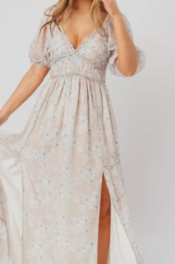 Hot Worth Collective Daphne Maxi Dress in Beige Blue Floral - Bump Friendly & Inclusive Siz