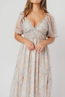 Hot Worth Collective Daphne Maxi Dress in Beige Blue Floral - Bump Friendly & Inclusive Siz