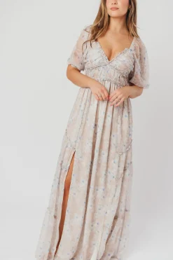 Hot Worth Collective Daphne Maxi Dress in Beige Blue Floral - Bump Friendly & Inclusive Siz