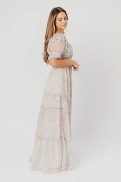 Hot Worth Collective Daphne Maxi Dress in Beige Blue Floral - Bump Friendly & Inclusive Siz