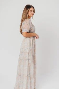 Hot Worth Collective Daphne Maxi Dress in Beige Blue Floral - Bump Friendly & Inclusive Siz