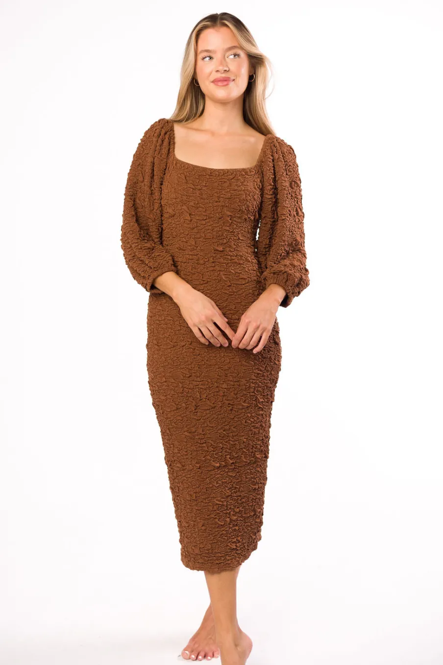 Clearance Worth Collective Darcy Square Neck Midi Dress in Brown - Bump Friendly
