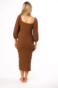 Clearance Worth Collective Darcy Square Neck Midi Dress in Brown - Bump Friendly