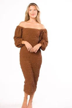 Clearance Worth Collective Darcy Square Neck Midi Dress in Brown - Bump Friendly