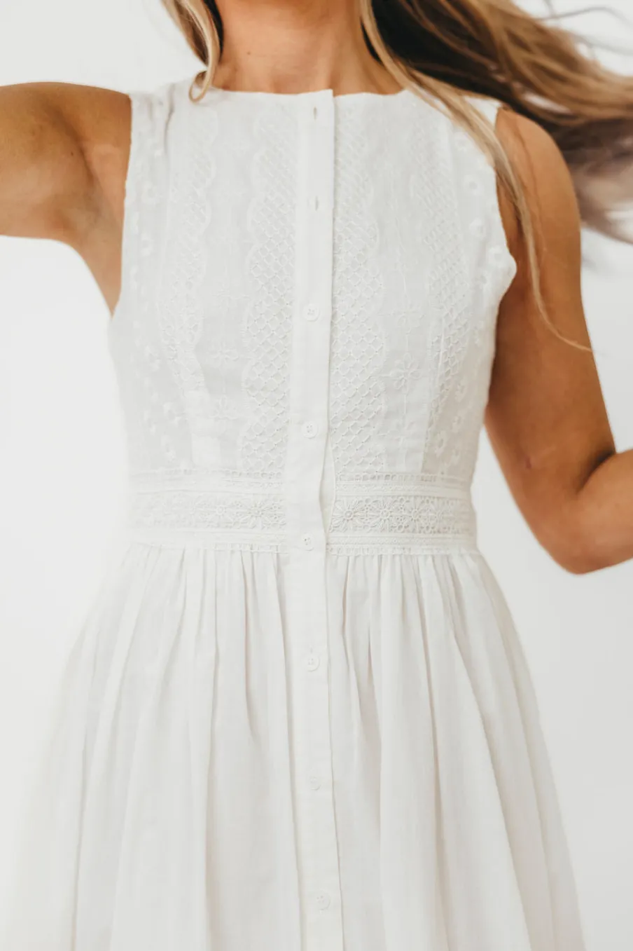 Discount Worth Collective Darla Eyelet Lace Button Down Fit and Flare Midi Dress in Off-White