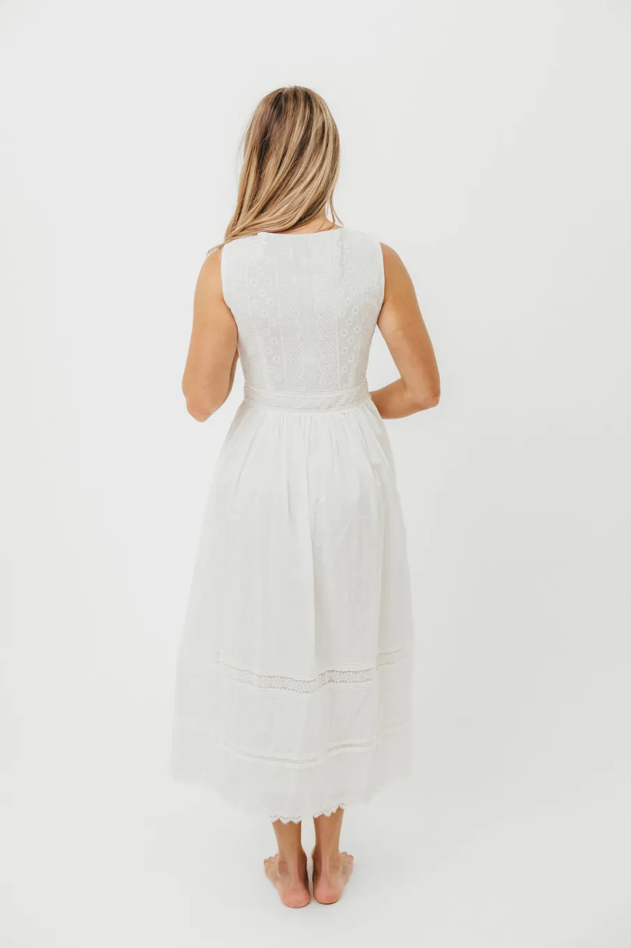 Discount Worth Collective Darla Eyelet Lace Button Down Fit and Flare Midi Dress in Off-White
