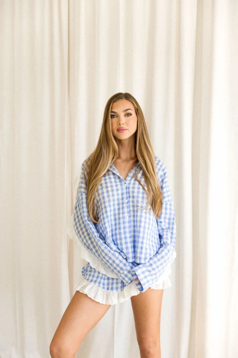 New Worth Collective Delaney Ruffle and Gingham Button-Down and Shorts Set in Light Blue--N