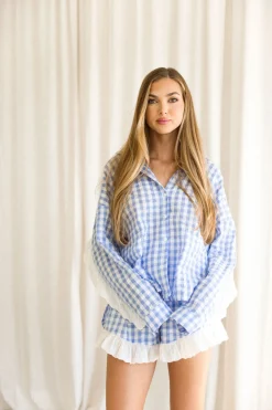 New Worth Collective Delaney Ruffle and Gingham Button-Down and Shorts Set in Light Blue--N