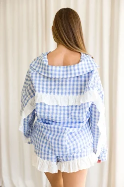 New Worth Collective Delaney Ruffle and Gingham Button-Down and Shorts Set in Light Blue--N