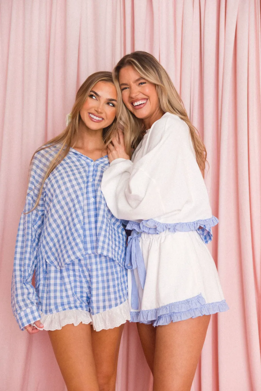 New Worth Collective Delaney Ruffle and Gingham Button-Down and Shorts Set in Light Blue--N