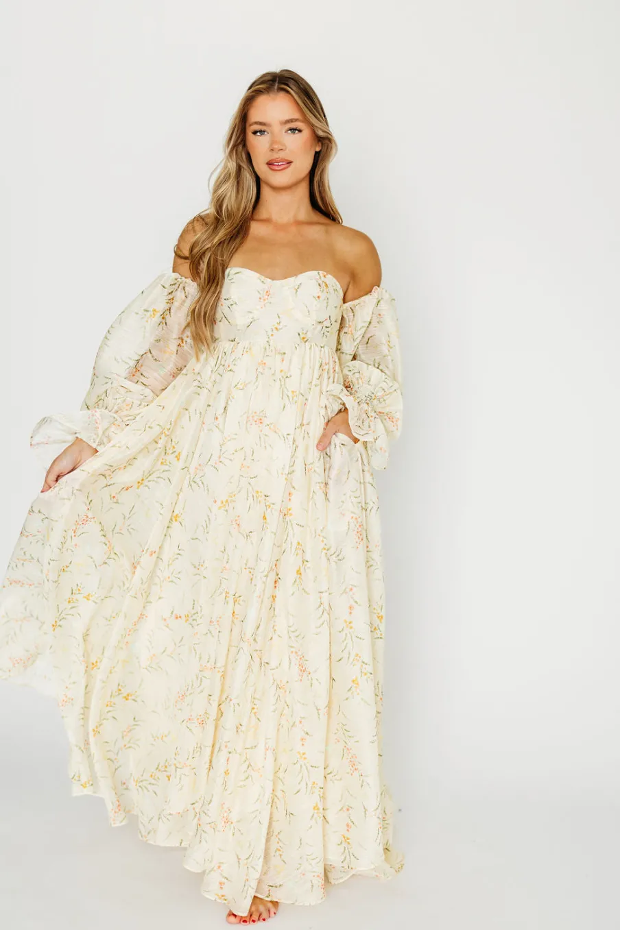 Best Worth Collective Delilah Dress With Train in Cream Floral - Bump Friendly (XS-XL) Resto