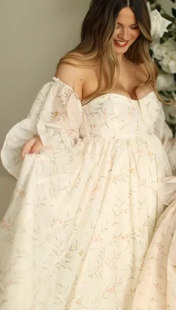 Best Worth Collective Delilah Dress With Train in Cream Floral - Bump Friendly (XS-XL) Resto