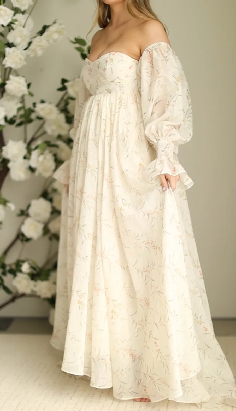 Best Worth Collective Delilah Dress With Train in Cream Floral - Bump Friendly (XS-XL) Resto