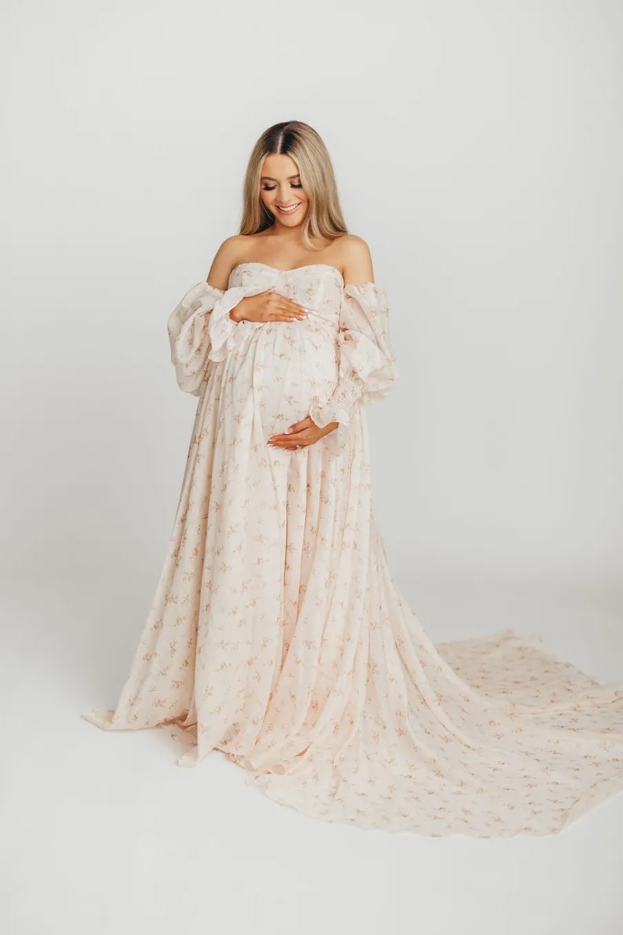 Clearance Worth Collective Delilah Maxi Dress with Train in Peach - Bump Friendly (XS-3XL)