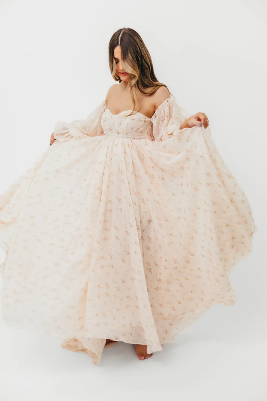 Clearance Worth Collective Delilah Maxi Dress with Train in Peach - Bump Friendly (XS-3XL)