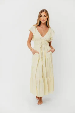 Fashion Worth Collective Destiny Embroidered Ruffle Sleeve Tiered Midi Dress in Yellow